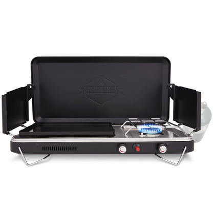 Hike Crew 2-in-1 Gas Camping Stove and Griddle, Portable Propane Burner w/Integrated Igniter & Stainless Drip Tray | Built-in Carrying Handle, Foldable Legs & Wind Panels | Includes Regulator
