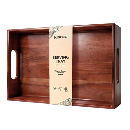 Acacia Wood Serving Tray with Handles, 17 x 12 Inch Large Wooden Tray for Food & Drinks, Coffee Table, Ottoman, Breakfast in Bed – Includes Free Leather Mat