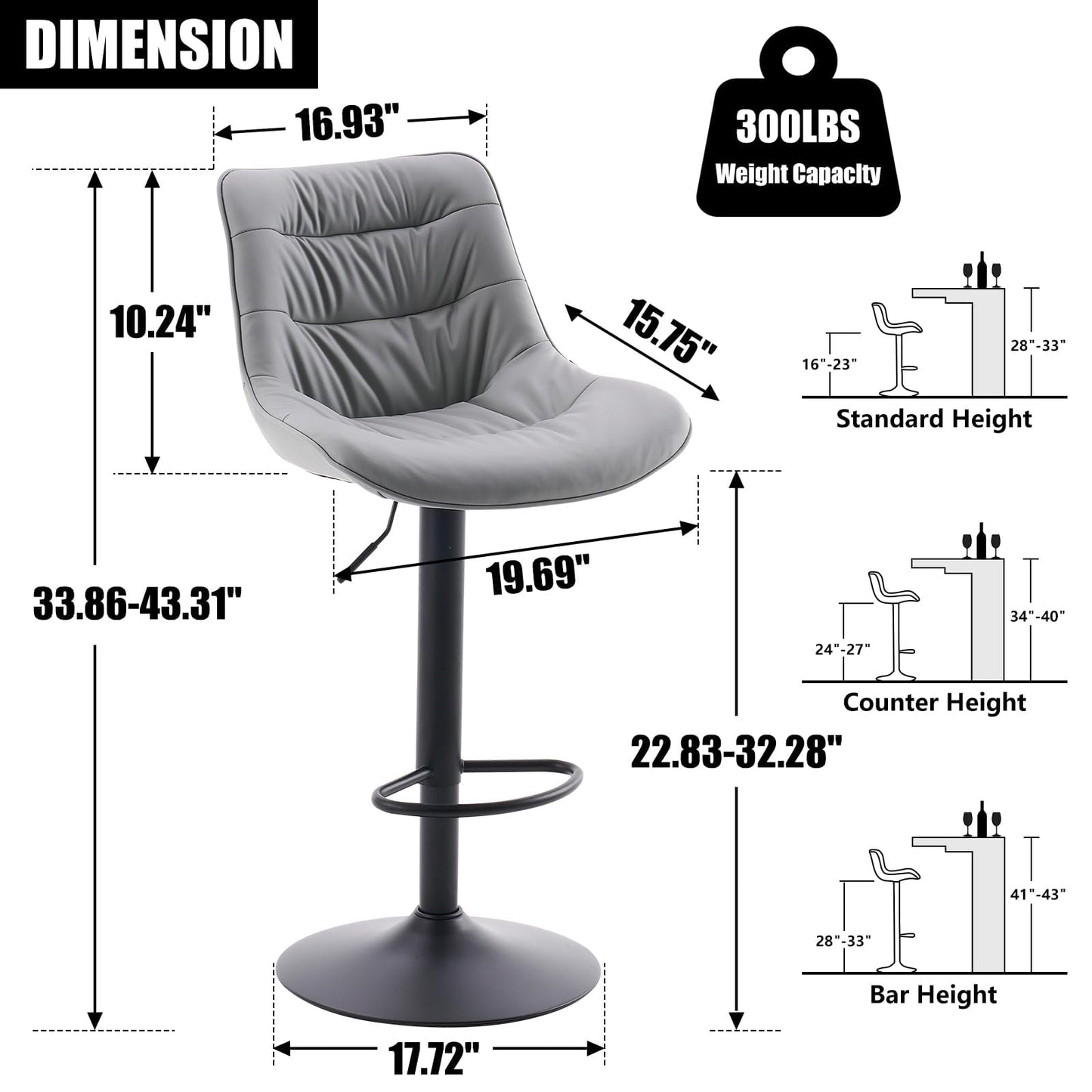 Kidol & Shellder Adjustable Bar Stools Set of 2, Faux Leather Counter Height BarStools with Back, Modern Mid Century Upholstered Bar stools for Kitchen Island Gray