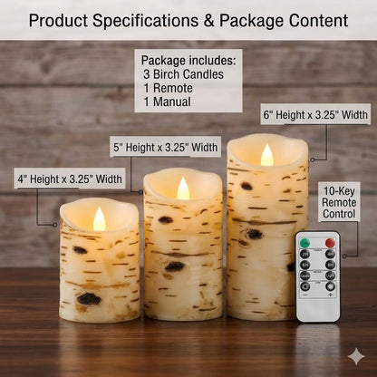 Comenzar Flameless Candles Birch Bark Texture, Flickering Flame Battery Operated LED Candles, Electric Plastic Candles with Remote Timer for Home Decor, Rustic Wedding Centerpiece, Gift Set of 3