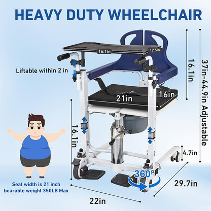 Patient Transfer Lift Chair, 350 lb Capacity, 180° Split Seat, Hydraulic Commode Wheelchair for Elderly, Bed to Toilet