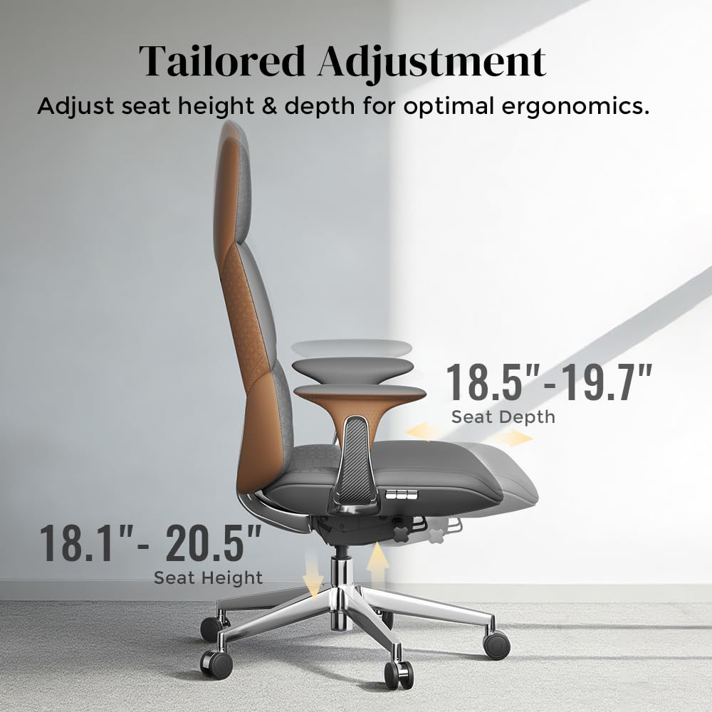 OMIDI Nyla Executive Office Chair - Genuine Leather Ergonomic High-Back Desk Chair with Adjustable Lumbar Support, Tilt Lock, Executive, Home Office, Gray, Litchi Grain