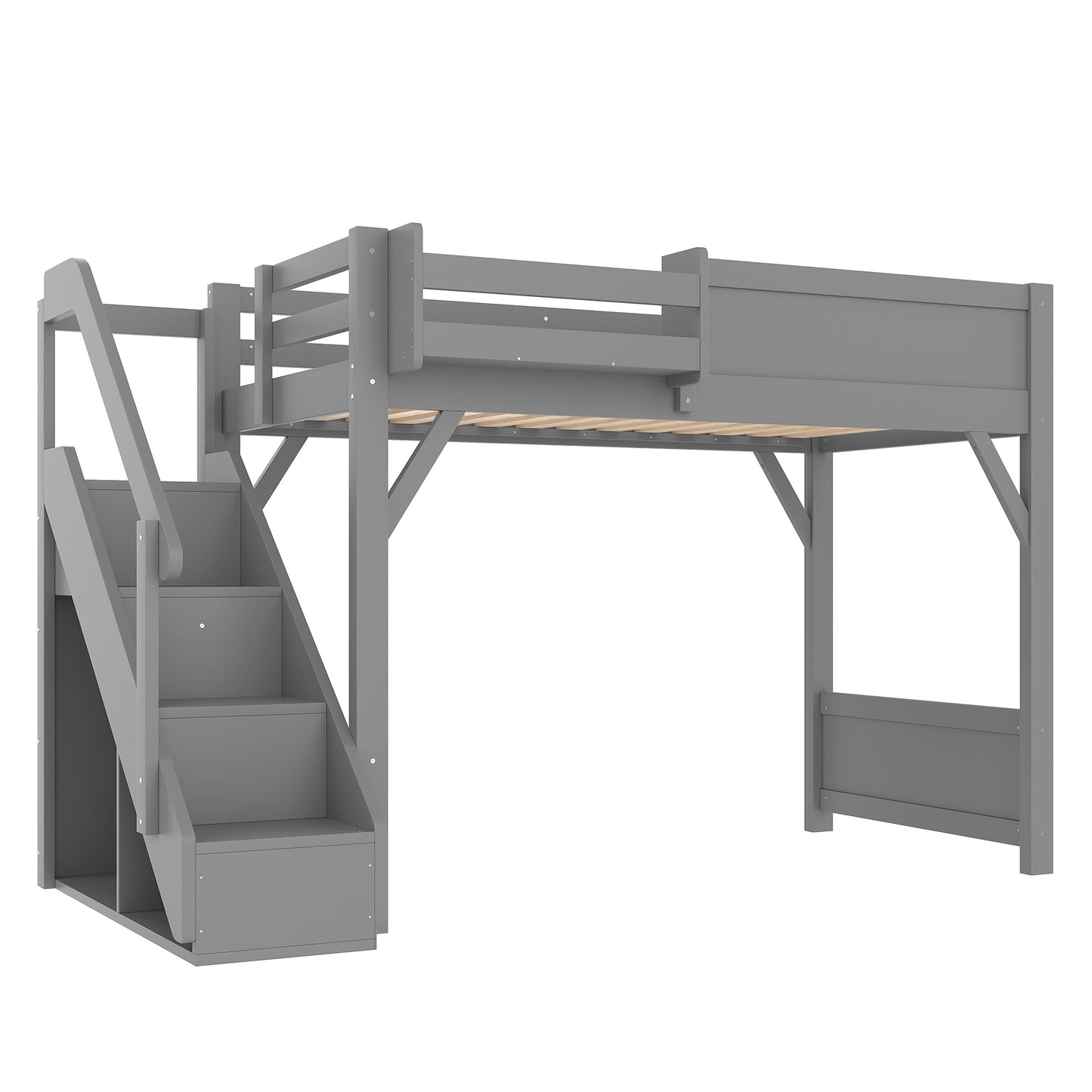 DNYN Loft Bed Frame with Built-in Wardrobe and Bedside Shelf for Teens/Adults Bedroom, Space-Saving Twin Size Bed Frame with Staircase and Guardrails, No Box Spring Needed