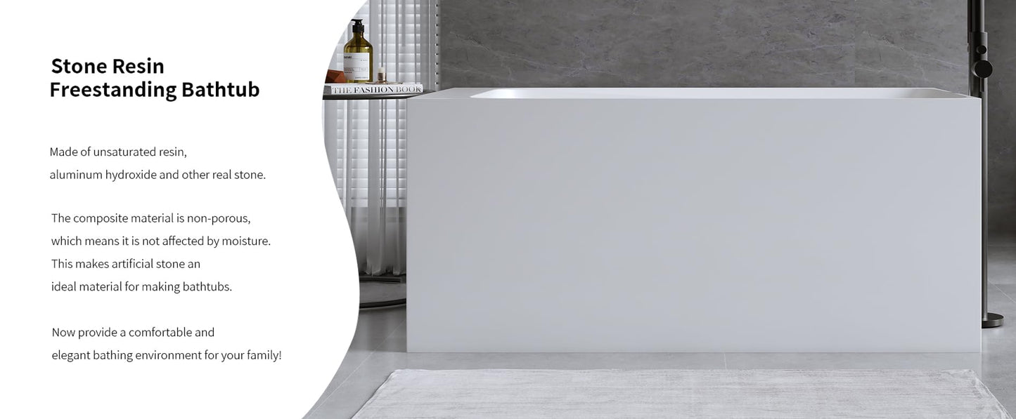 GDFStudio 51" Solid Surface Freestanding Bathtub, Matte White Resin Stone Soaking Tub with Overflow and Pop-Up Drain, Anti-Slip Stand Alone Deep Soaker Tub for Modern Bathroom Spa Relaxation