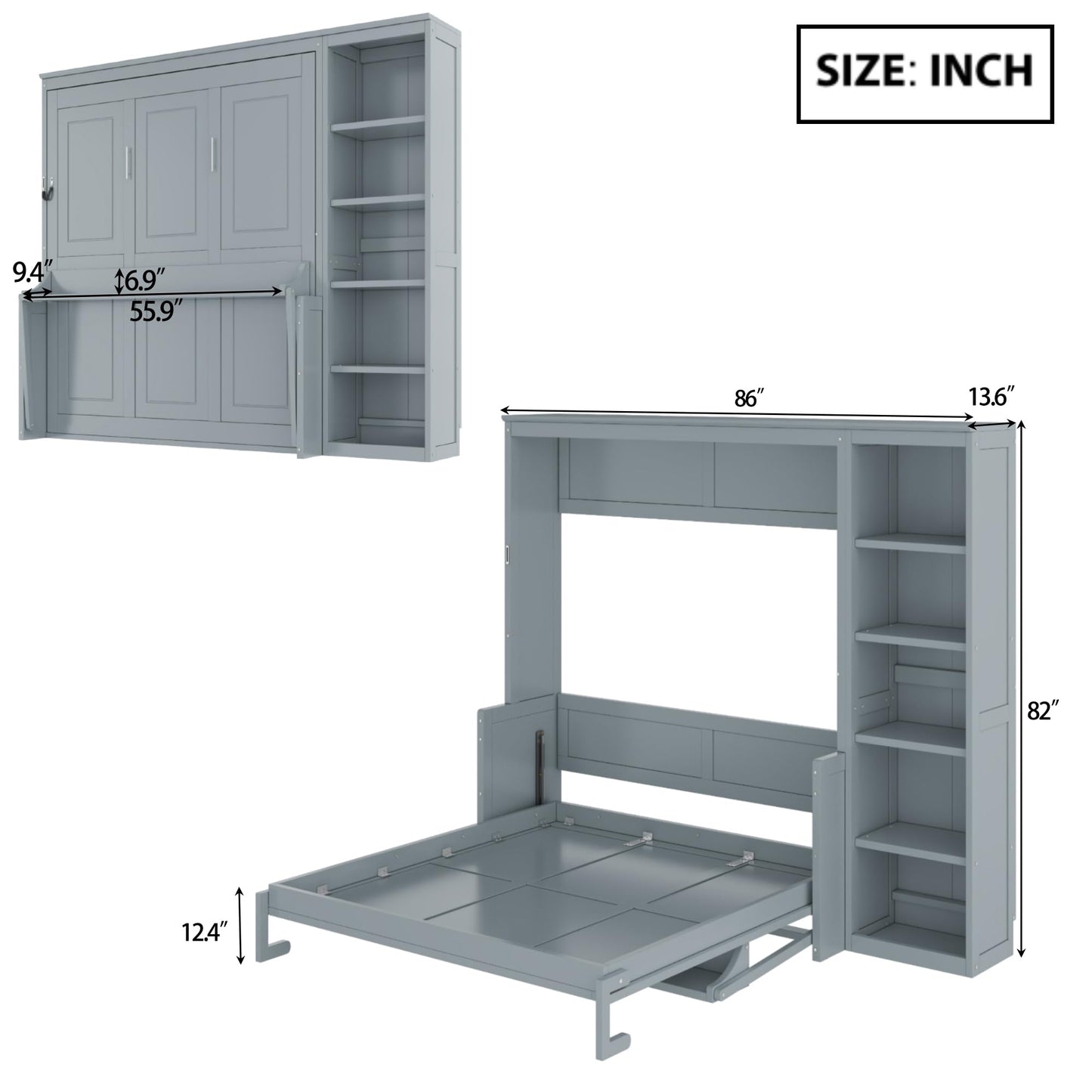 Ball & Cast Murphy Bed Chest Full Size,Hideaway Wall Bedframe with Desk and Bookshelf,Space Saving Cabinet Bed w/Shelf,Slat Support,can be Folded,Bedroom Furniture for Small Space,Gray