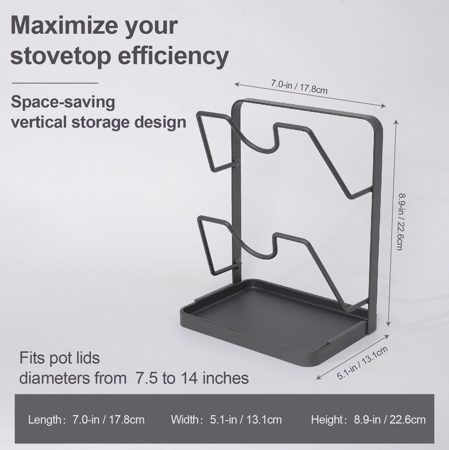 Space-Saving Carbon Steel Pot Lid Holder While Cooking, Double-Layer Kitchen Pot Lid Storage Rack with Removable Drip Tray, Spoon Rest for Ladle, Spatula & Pan Cover(Dark Grey)