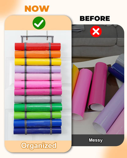 UCEC 12 Compartment Vinyl Roll Storage Organizer, Clear PVC, Hanging Wall Mount for Cricut Vinyl, Gift Wrap, Craft Paper
