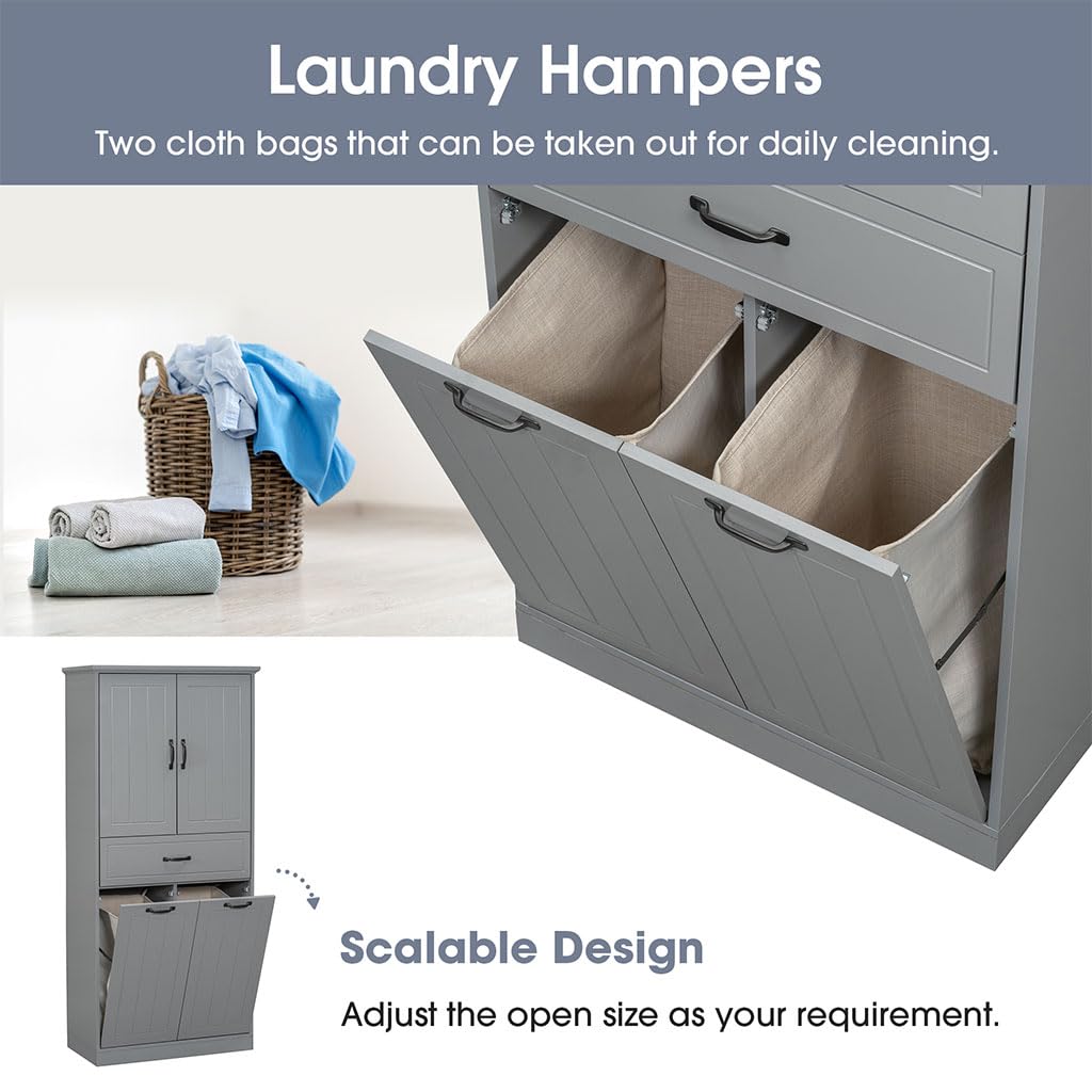 HOYOC Laundry Cabinet, Modern Wooden Bathroom Storage Cabinet with 2 Laundry Baskets,Pull Out Laundry Sorter with Doors and Drawer Storage Furniture for Laundry Room, Bathroom, Living Room,Gray