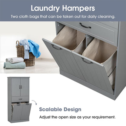 HOYOC Laundry Cabinet, Modern Wooden Bathroom Storage Cabinet with 2 Laundry Baskets,Pull Out Laundry Sorter with Doors and Drawer Storage Furniture for Laundry Room, Bathroom, Living Room,Gray