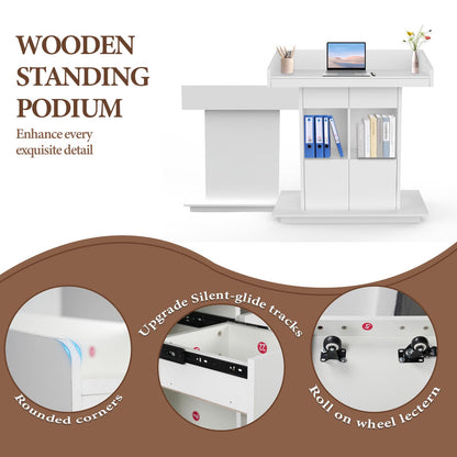 Podium Stand with Wheels Portable Podium Church Pulpit Lectern Podium Stand Church Podium Stands Wood Speaking Lectern Stand Lockable Wheels Design with Storage (White, L39″×W19″×H44″)