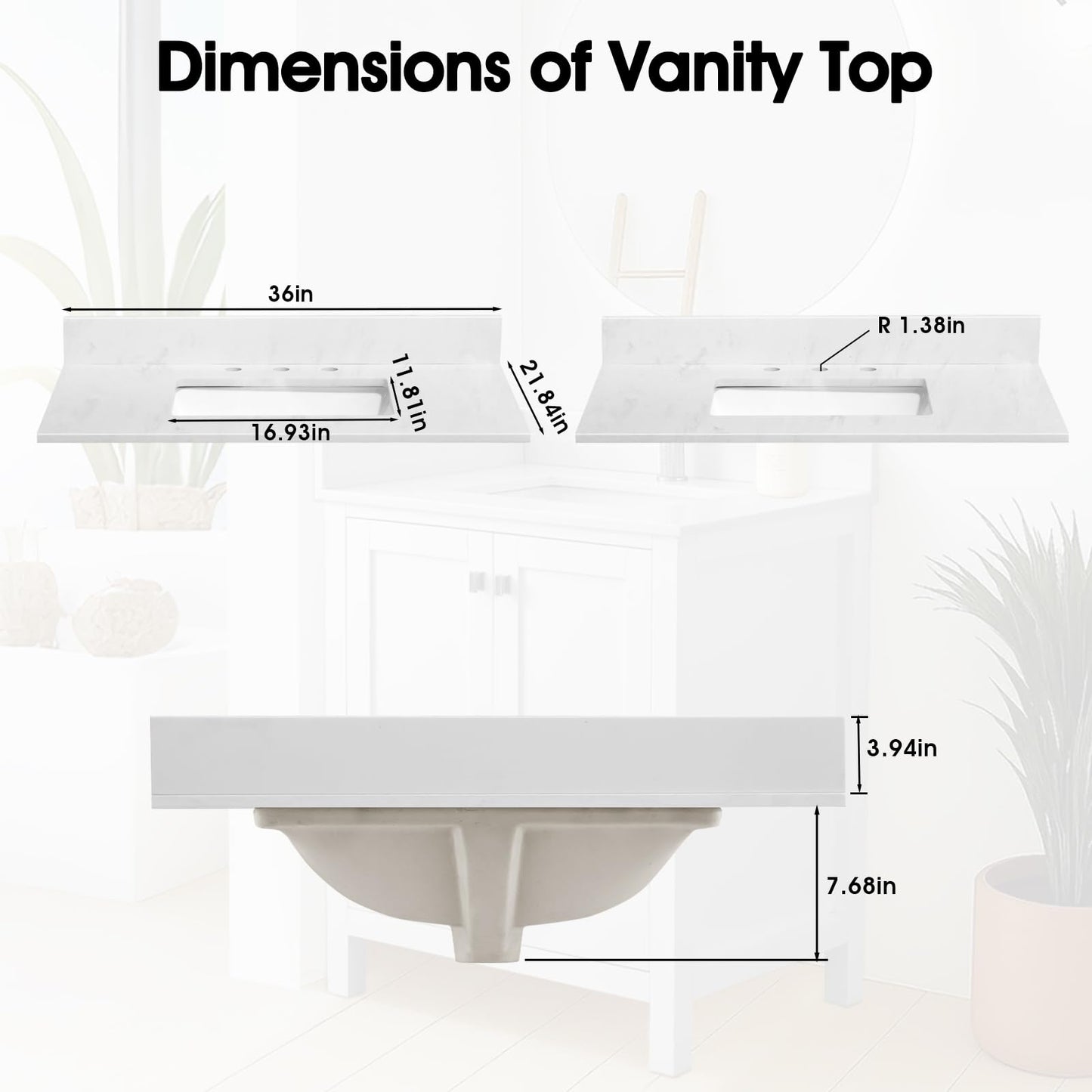 36"x22" Vanity Top with Sink, Quartz Bathroom Vanity Top with Rectangular Undermount Middle Ceramic Sink with 8 Inch Faucet Holes, Spread with One 4" Height Backsplash in Cirrus White