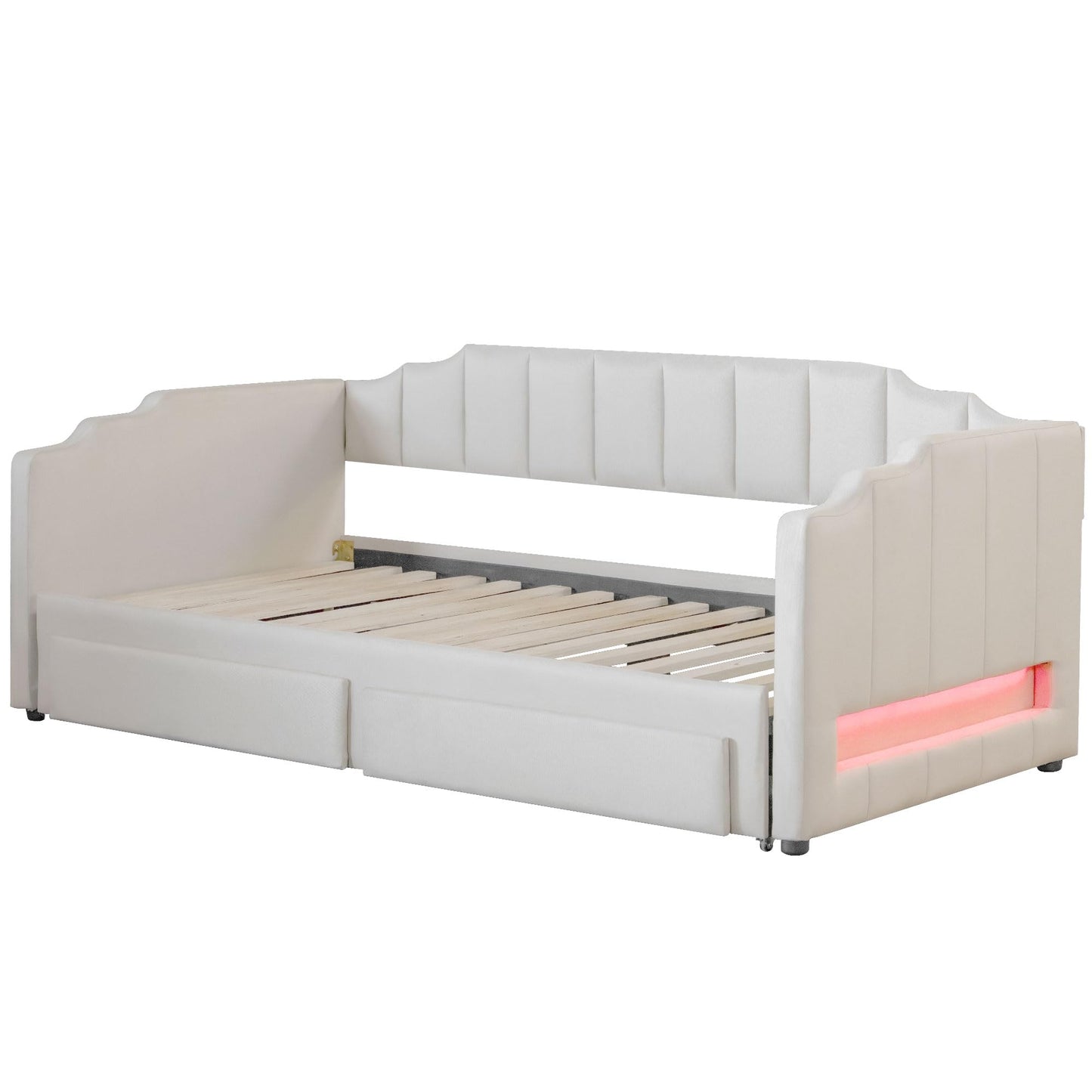 Bellemave Twin XL Size Daybed Frame with Pop up Trundle,Upholstered Day Bed with Two Storage Drawers and LED Light,Twin XL to King Daybed,Beige