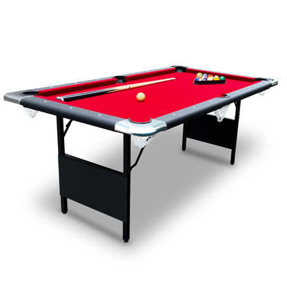 Hathaway Fairmont 6 Foot Folding Pool Table – Includes Full Set of Billiard Balls, Cues, Chalk, Triangle, and Carrying Bag – Portable Billiard Table with Red Felt, Black Finish