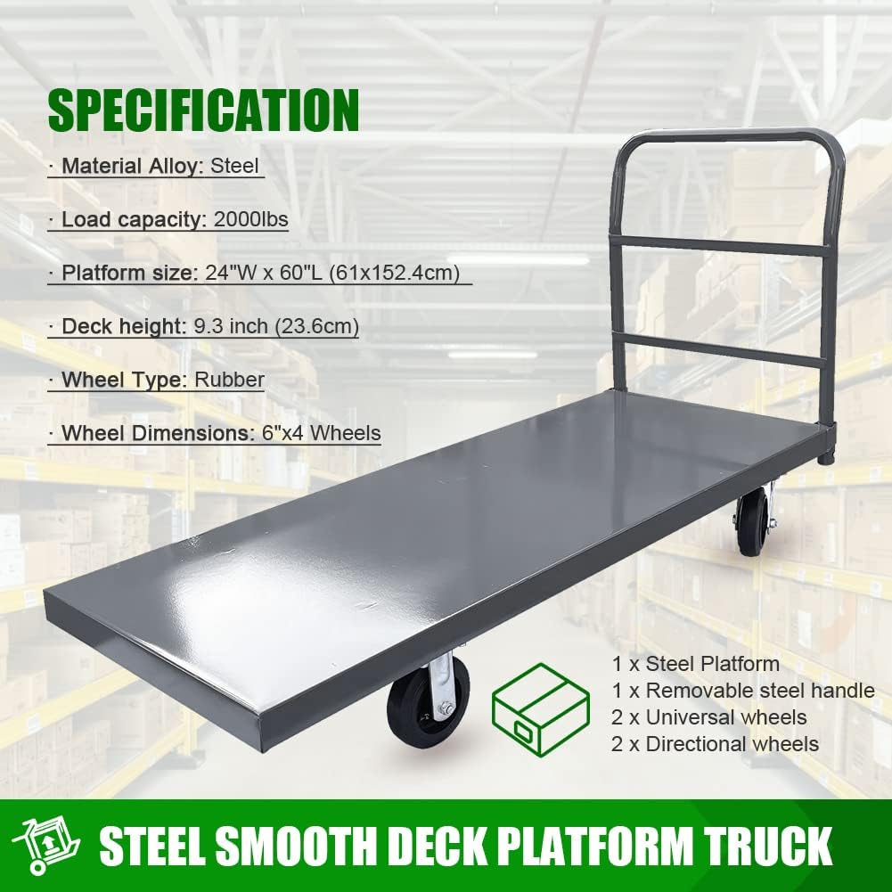 Fworkleft Steel Platform Truck 2000 lb Capacity, 60" x 24" Heavy Duty Flatbed Push Cart with Smooth Deck, Industrial Platform Dolly for Warehouse & Commercial Use