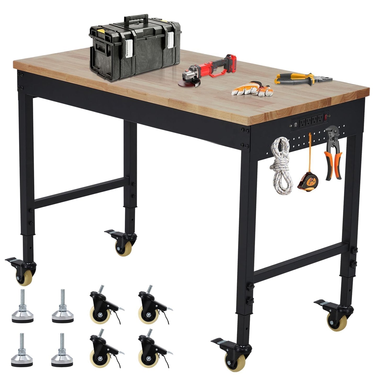 72” Adjustable Workbench with Drawer & Backplate, Heavy Duty Rolling Work Table, 2000 LB Capacity, Rubberwood Top, Power Outlets, Lockable Wheels, Garage Workshop Workbench with Storage