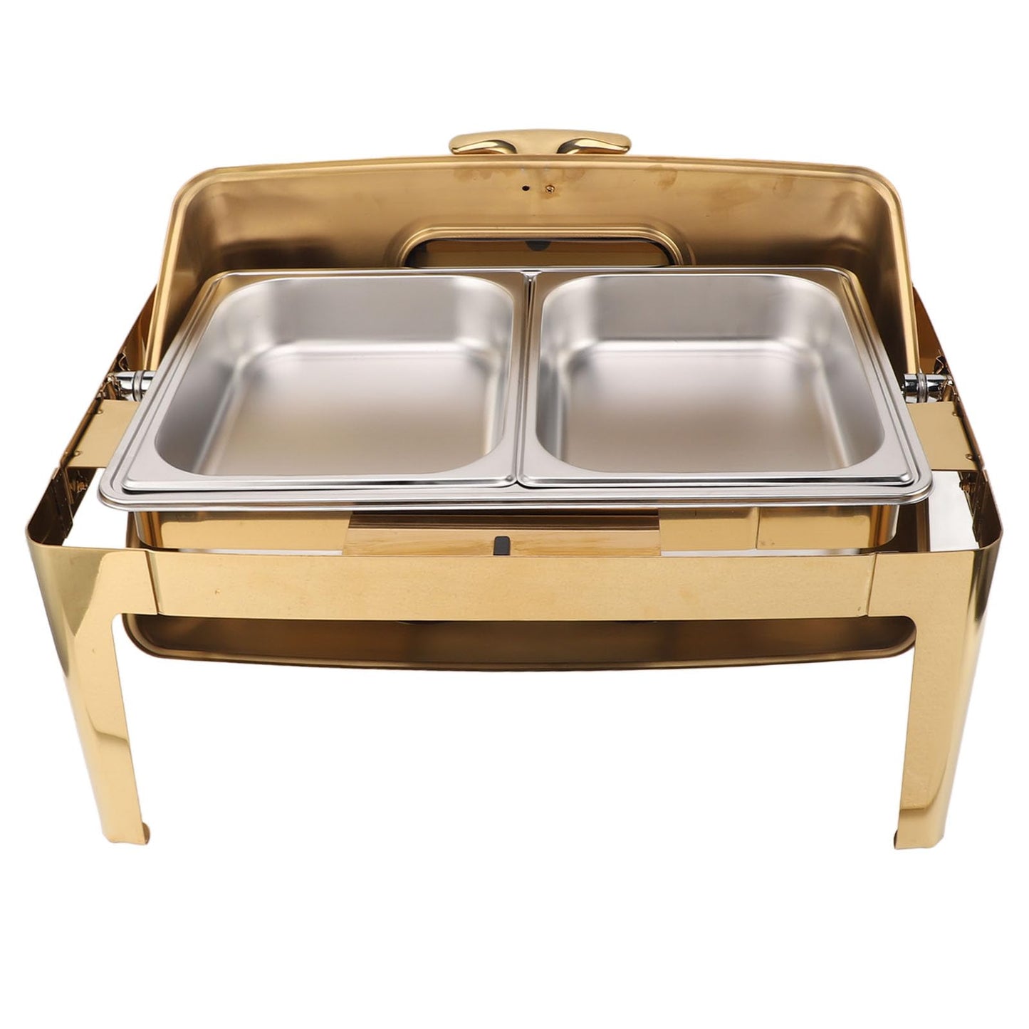 Qiilu Premium Buffet Chafing Dish Stainless Steel Chafer 9L Buffet Catering Food Warmer with Transparent Glass Lid and HighQuality Heating Method (Plated Gold)