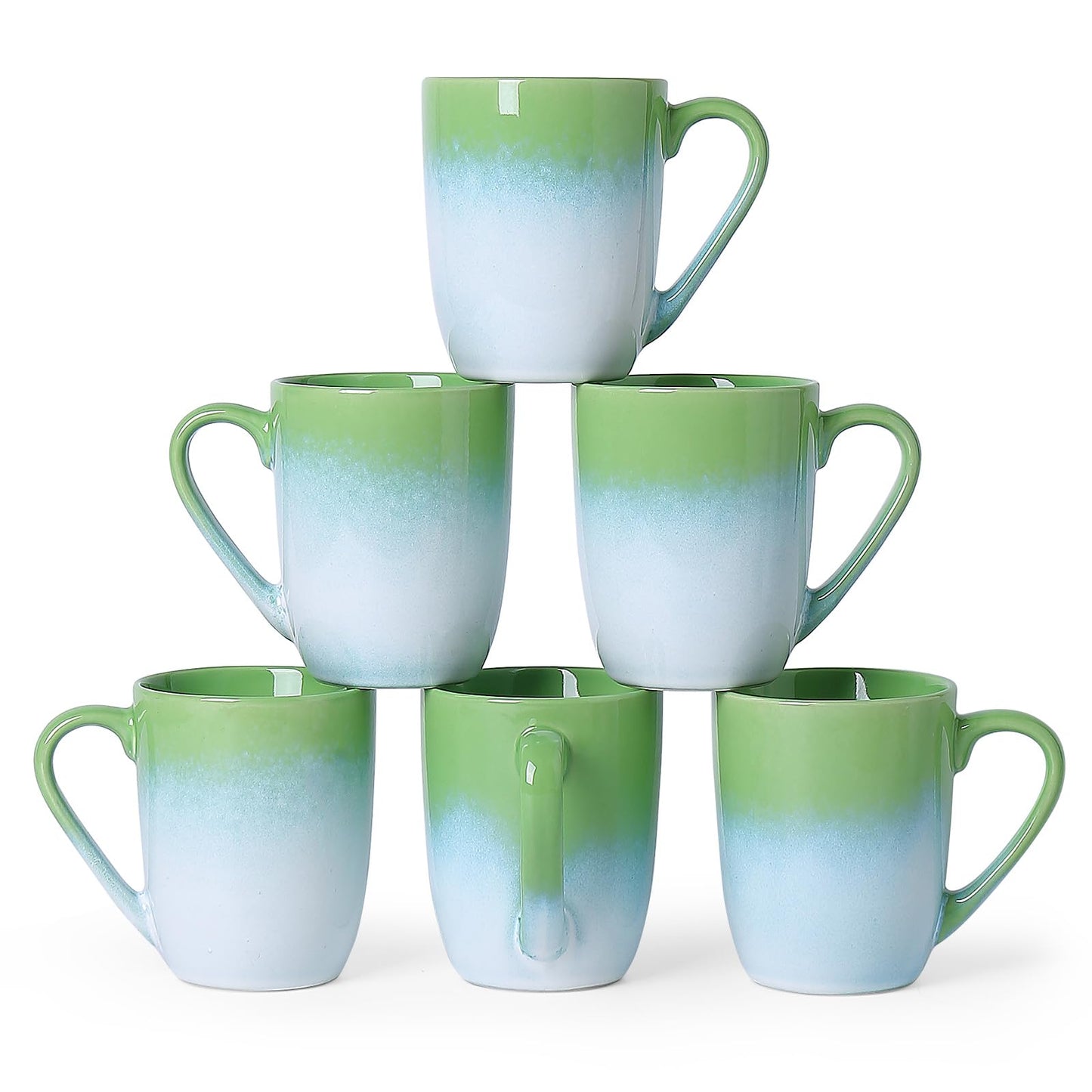 MONITO 14 OZ Coffee Mugs Set of 6, Large Ceramic Blue Coffee Mugs Set with handle for Tea/Latte/Milk/Cocoa, Funny Tea Cups for Office and Home, Engagement Gifts. (White-green)