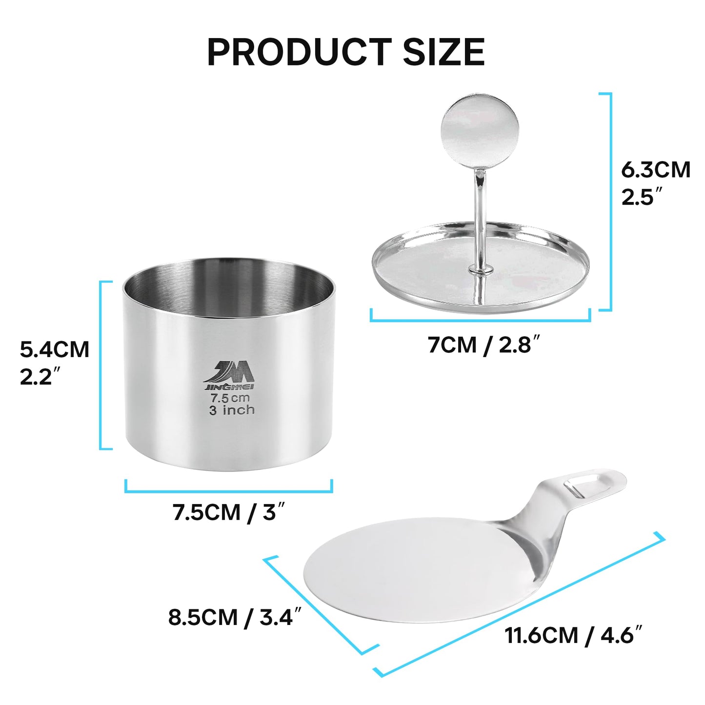 M JINGMEI 6 Pack Round Cake Ring Molds, Seamless Stainless Steel Cake Cutter with Pusher & Lifter, 3-Inch Dessert Mousse Rings for Baking (Includes 1 Pusher, 1 Lifter and 6 Rings)