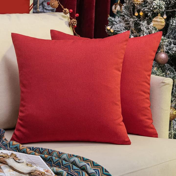 Woaboy Set of 2 Red Outdoor Throw Pillow Covers, Decorative Waterproof Farmhouse Linen Cushion Cases 16x16 inch