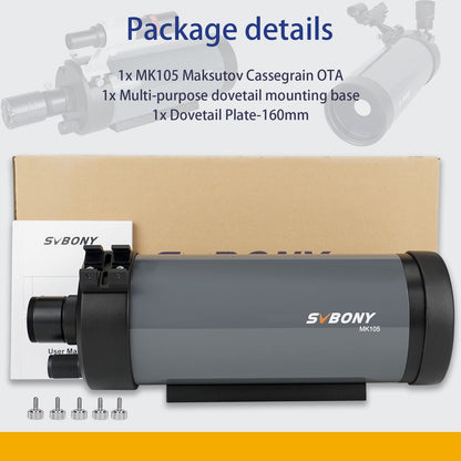 SVBONY MK105 Maksutov-Cassegrain Telescope, Dispersion-Free Imaging, 105mm Catadioptric Telescopes,160mm Dovetail Plate Catadioptric OTA, High-Reverse Electrolyte Coating for Planet Visual Photography