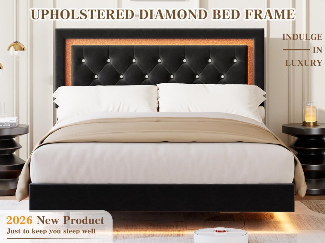 Floating Queen Platform Bed Frame with Smart LED Lights – Modern Diamond Upholstered Headboard, Noise-Free Wood Slats, Under-Bed Storage, Easy Assembly, Contemporary Bedroom Furniture，Queen Black