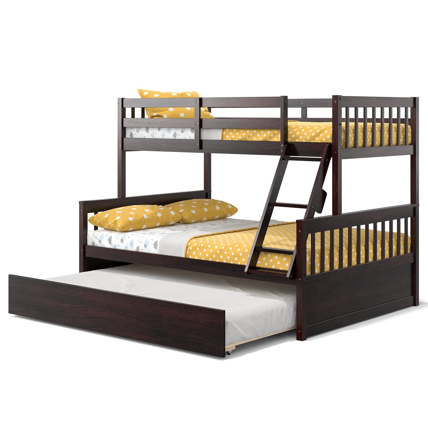 Giantex Twin Over Full Bunk Bed with Trundle, Convertible Platform Bed Frame with Ladder, Solid Wood Frame & Safety Guardrails, Space-Saving Bunk Bed for Teens & Kids, No Box Spring Needed, Espresso