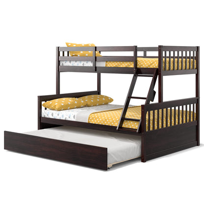 Giantex Twin Over Full Bunk Bed with Trundle, Convertible Platform Bed Frame with Ladder, Solid Wood Frame & Safety Guardrails, Space-Saving Bunk Bed for Teens & Kids, No Box Spring Needed, Espresso