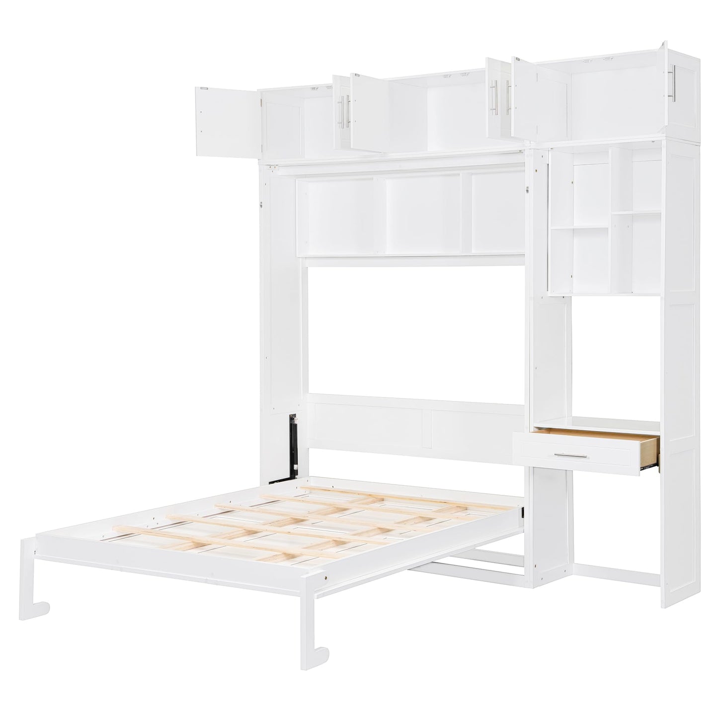 Merax Full Size Wall Murphy Bed with Desk, Top Cabinet and Storage Shelves, Space Saving Foldable Bed, Wooden Bed Frame