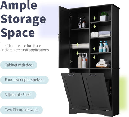 Virubi Tall Laundry Cabinet with 2 Tilt Out Laundry Hamper, Wood Bathroom Storage Cabinet with Doors and Adjustable Shelves Freestanding (Black)