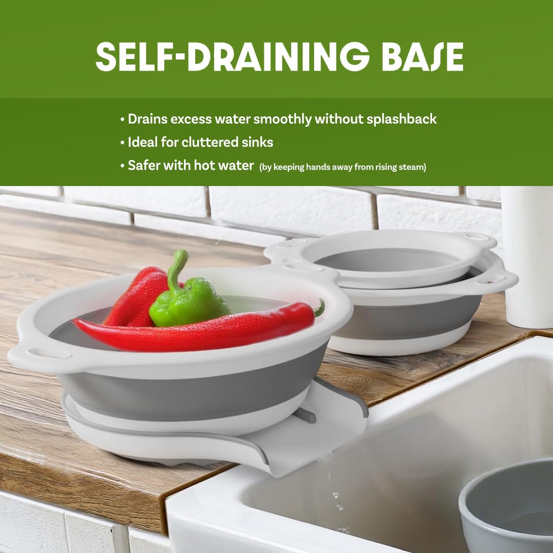 Gevoli Collapsible Colanders (3 Pack Set) Food Strainers with Over-Sink Water Draining Base for Pasta Fruits and Vegetables (Patent Pending) White (3 Sizes, 3QT, 4QT and 5 Quart)
