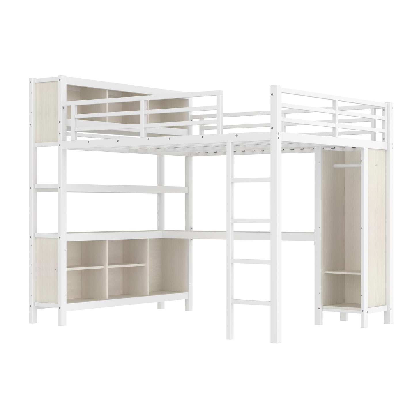 Bellemave Queen Loft Bed with Desk & Wardrobe, Heavy Duty Metal Loft Beds with Storage Shelves, Space Saving Loft Bed Queen Size with Safety Guard, White Wood Grain