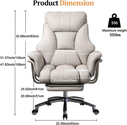 Executive High-Back Office Chair, Beige PU Leather, 550 Lbs Capacity, Retractable Footrest, Swivel with Chrome Base