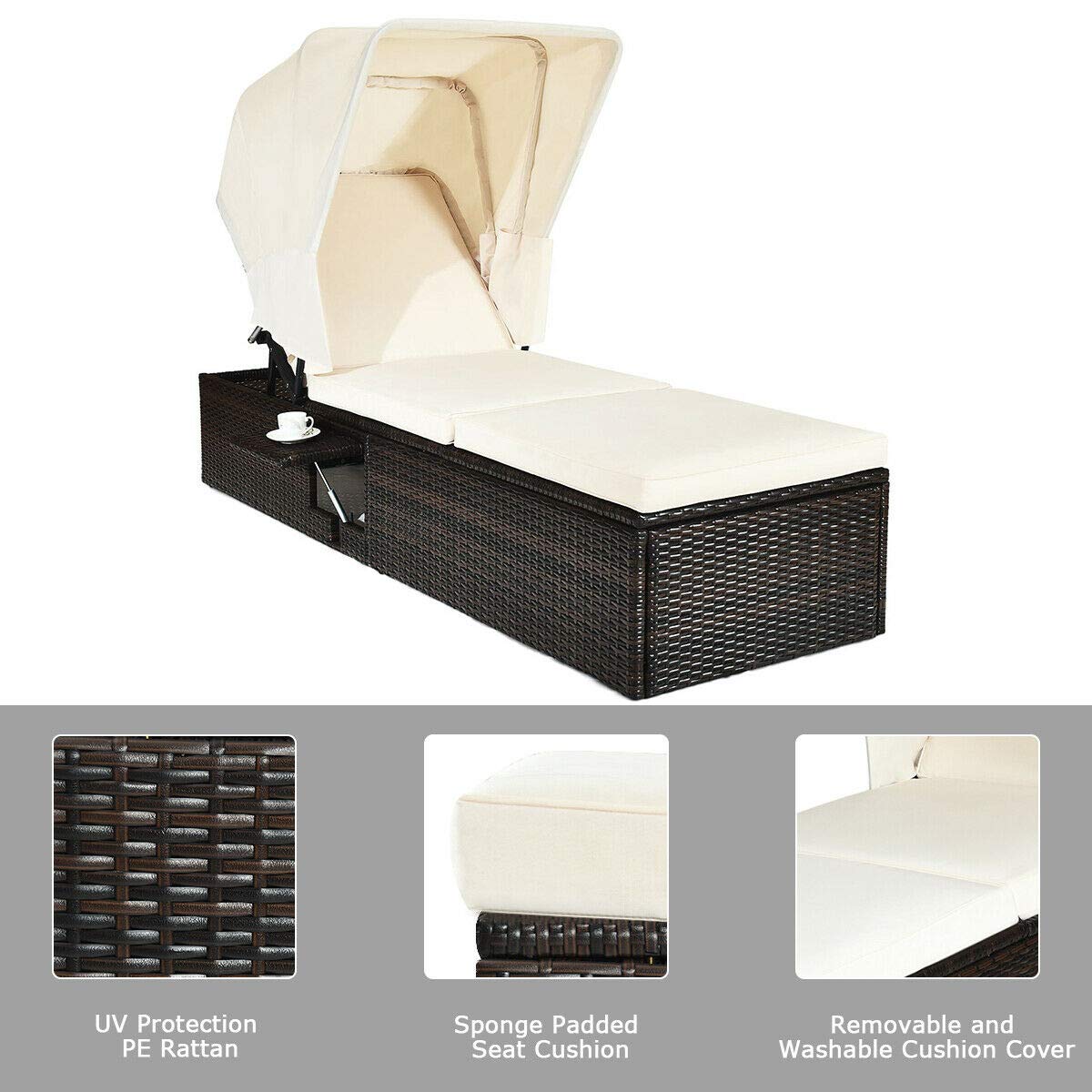 Tangkula Outdoor Chaise Lounge Chair with Folding Canopy, Adjustable Cushioned Reclining Chair with Flip-up Tea Table, Rattan Sun Lounger for Beach Poolside Backyard Balcony Porch (2)