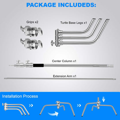 280cm Pro C-Stand Light Stand – Stainless Steel with 103cm Boom Arm, Adjustable Base, 2 Grip Heads, Carrying Bag, Sandbag & Clips for Photography & Video Lighting