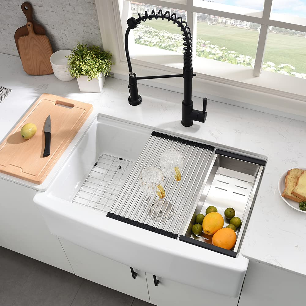 33 Inch White Farmhouse Sink Workstation-Hovheir 33x21 Apron Front Farm Sink White Fireclay Porcelain Ceramic Farmhouse Kitchen Sinks Workstation Deep Single Bowl Farmer Sinks with Cutting Board