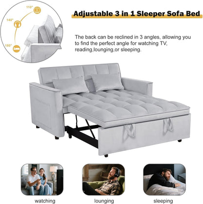 Trygoal 3-in-1 Sofa Bed, 53" Pull-Out Sleeper Sofa Bed with 3-Level Adjustable Backrest, Velvet Fabric Loveseat Sleeper Couch for Living Room & Bedroom & Apartment & Dorm Furniture, Light Gray