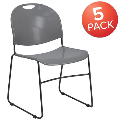 Flash Furniture 5 Pack HERCULES Series 880 lb. Capacity Gray Ultra-Compact Stack Chair with Black Powder Coated Frame