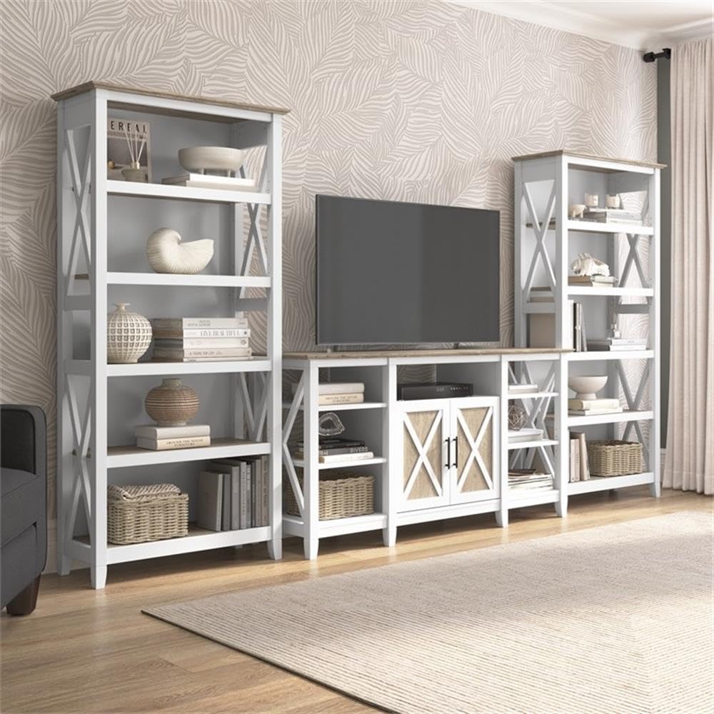 Bush Furniture Key West Tall TV Stand with Set of 2 Bookcases, Farmhouse Entertainment Center for 65 Inch Television, 17D x 60W x 66H, Pure White and Shiplap Gray