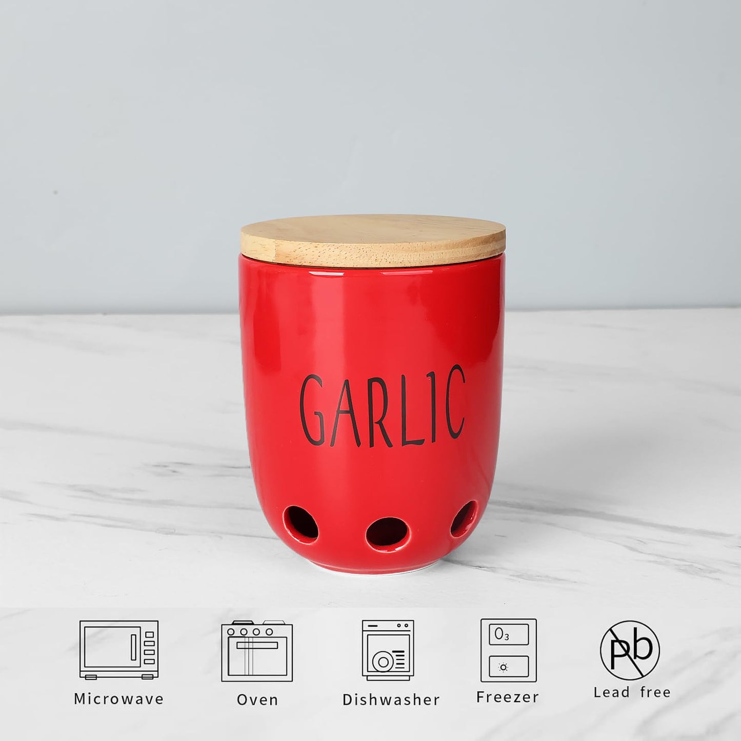 HAOTOP Ceramic Garlic Keeper for Counter, Garlic Saver Container with Wood Lid, Garlic Keeper for Kitchen, Garlic Holder to Keep Your Garlic Cloves Fresh Longer (Red)