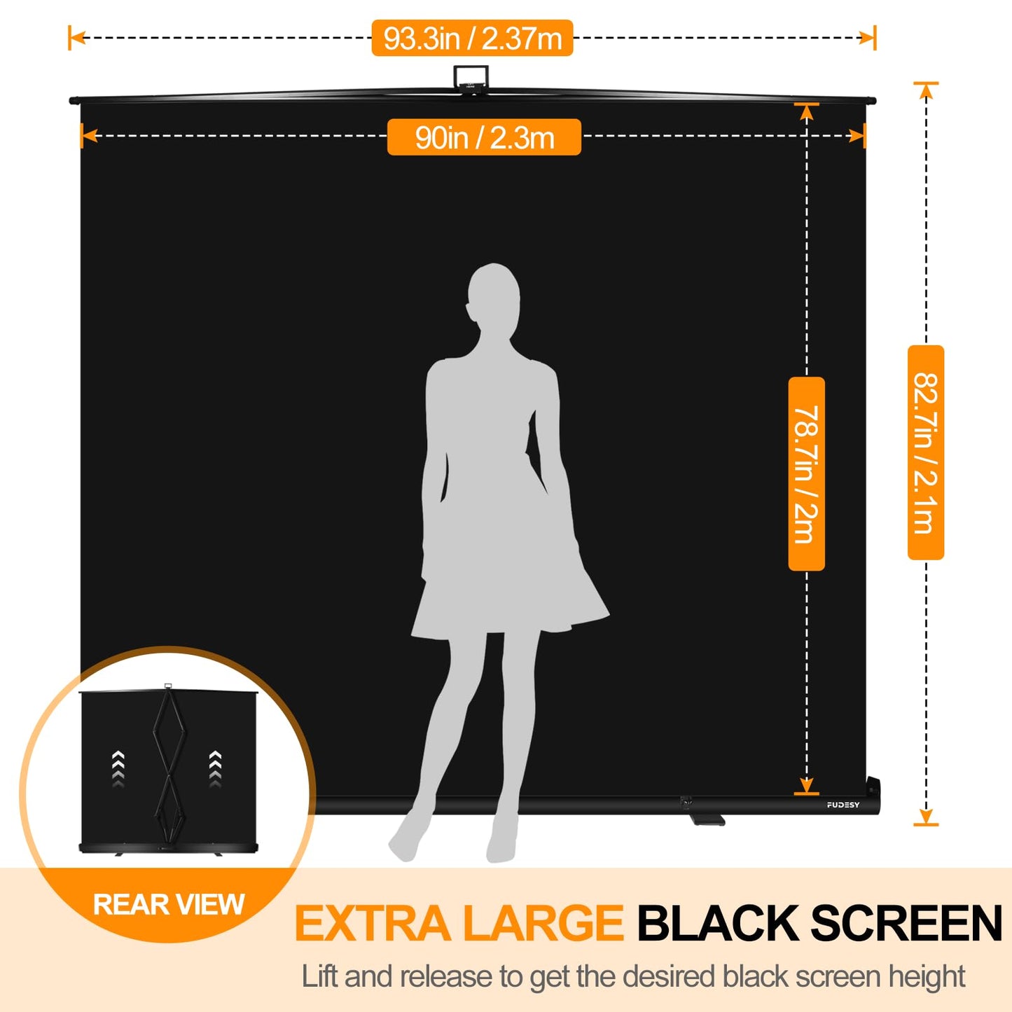 FUDESY 78.7 x 90in Large Collapsible Black Backdrop Screen Portable Retractable Panel Wrinkle-Resistant Pop Up Photo Background with Stand for Streaming, Video Conference, Photographic Studio