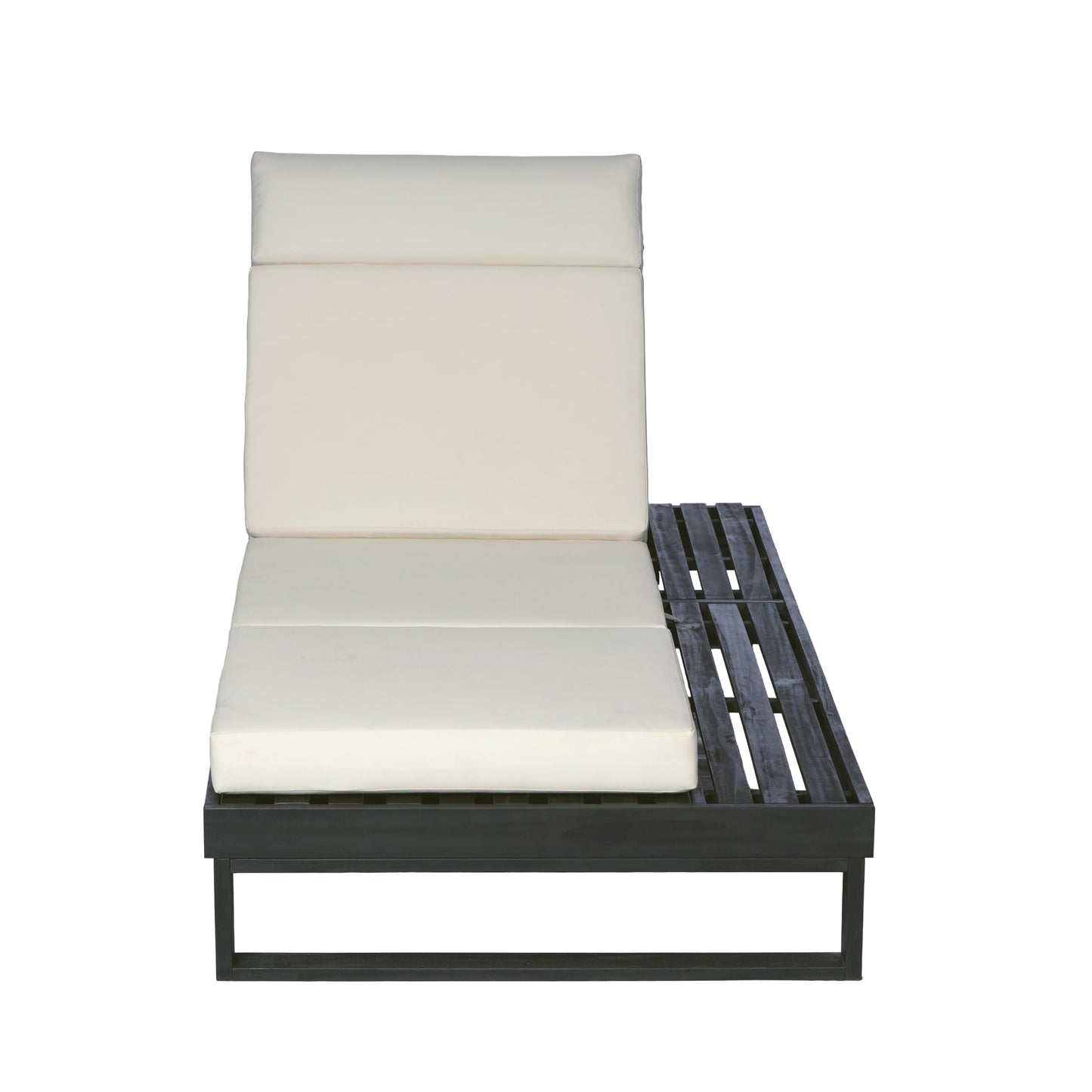 Merax 2 Piece Black Acacia Wood Chaise Lounge with 4-Inch Beige 4-Fold Cushion Set, Adjustable Outdoor Patio Lounger with Flat Side Surface, for Poolside