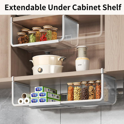 Janebert Expandable Under Shelf Basket Organizer, Under Shelf Storage, Hanging Baskets Under Cabinet for Pantry Kitchen Cupboard Desk Counter Bookshelf Space Saver Heavy Duty Slide-in (white, 1 Pack)
