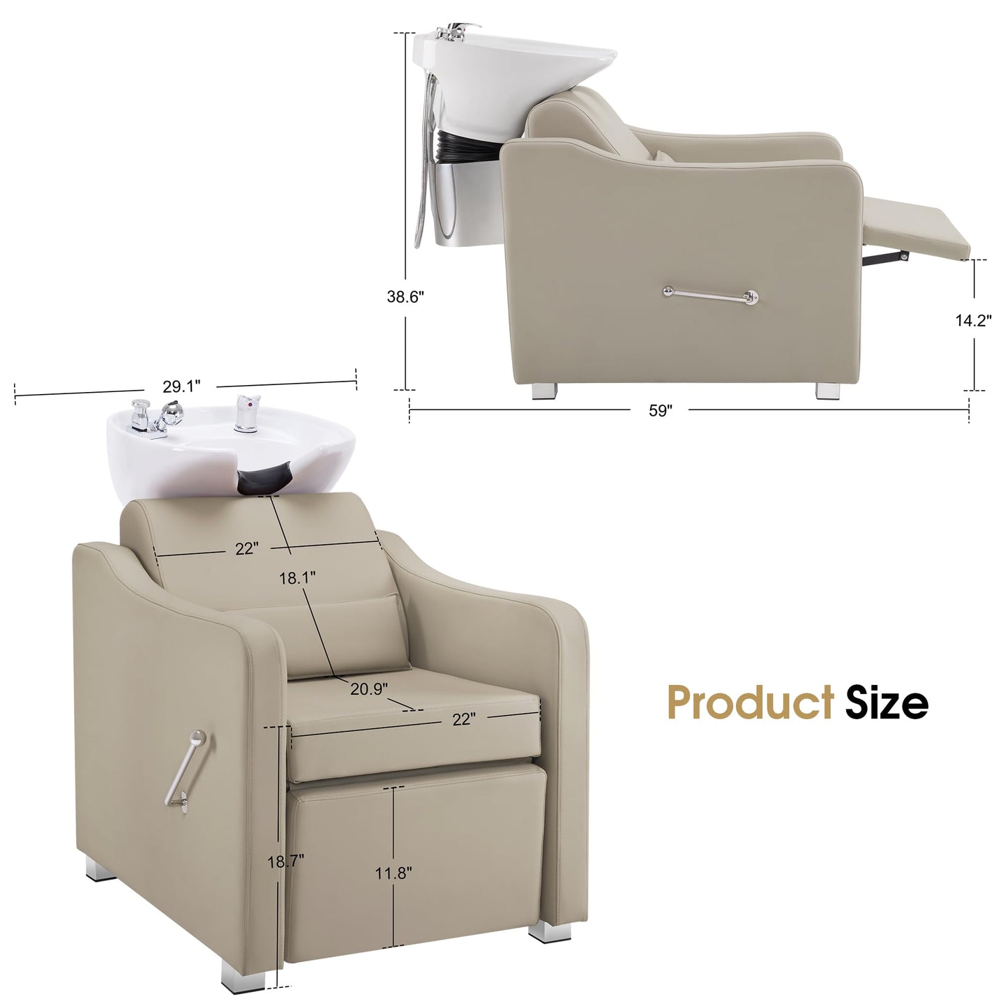 BarberPub Backwash Shampoo Station Chair, Adjustable Porcelain Ceramic Hair Wash Bowl with Chair, Shampoo Station for Barber Shop, Spa Beauty Salon Equipment 9364 (Creamy White)