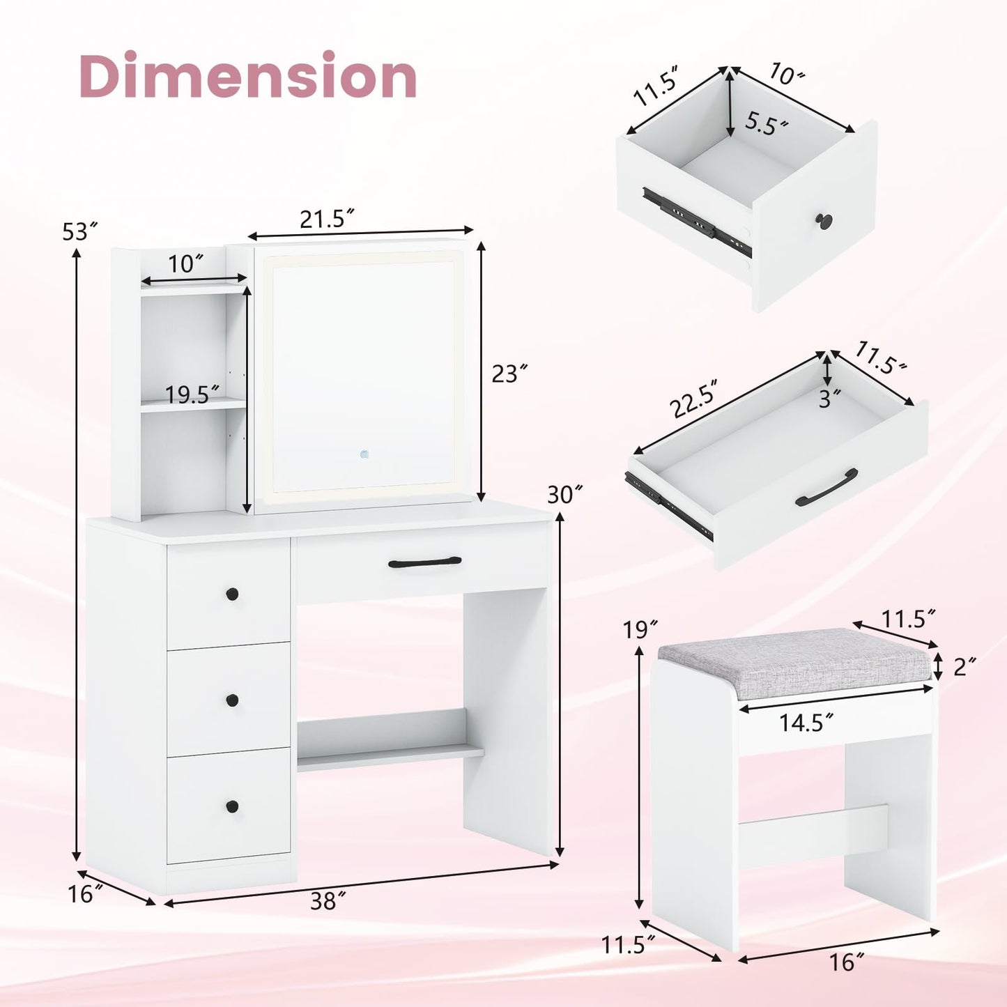 CHARMAID 38" Vanity Desk with Lighted Sliding Mirror, Adjustable LED Lighting, Hidden Storage, 4 Drawers & 3 Shelves, Cushioned Stool, Modern Makeup Vanity Dressing Table Set for Bedroom, White
