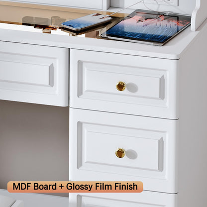 Arulvmrn 43" Makeup Vanity Desk with Mirror and Lights, & Power Outl, Glass Top Big Vanity Table with 9 Drawers& 8 Storage Shelves, Dressing Table Set with Chair for Bedroom, White