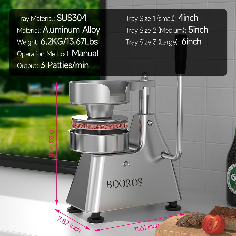 BOOROS Commercial Burger Patty Maker 3 in 1 Stainless Steel Burger Press 4/5/6 Inch Hamburger Press Patty Maker, Easy to Clean,Comes Equipped with 1200 Pcs Patty Papers for Beef Pork Chicken Patty