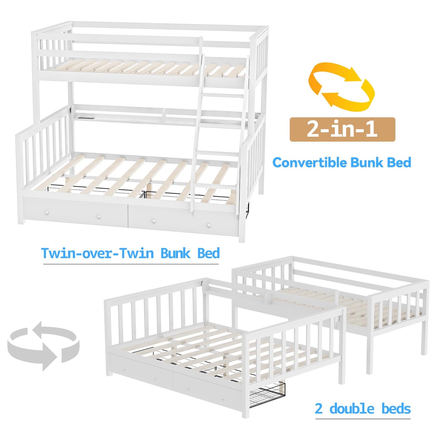 FJTJBSI Solid Wood Bunk Bed with Charging Station and LED Lights Detachable Bunk Bed Twin Over Twin with 2 Storage Drawers Full Size Bed Frame with Guardrail and Ladder for Kids Adults Bedroom