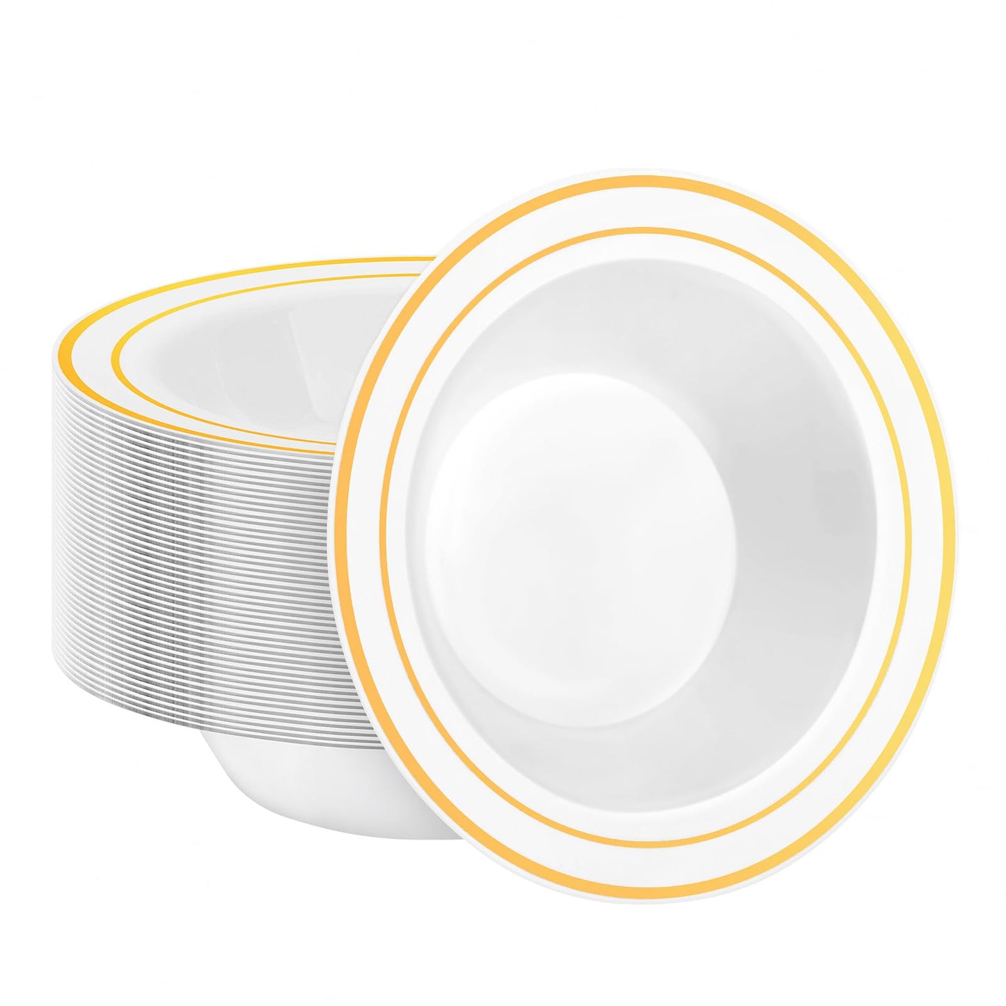 BESTSTAR 50 Pack Disposable Soup Bowls with Gold Rim, 12oz Premium Heavy Duty Plastic Dinner Bowls for Party, Wedding and Holiday