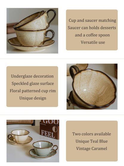 SHIIANN Ceramic Coffee Cup and Saucer Set – 10oz Kiln-Glazed Teacup with Saucer, Handmade Ceramic Mug Set for Coffee, Tea, Cappuccino, or Latte
