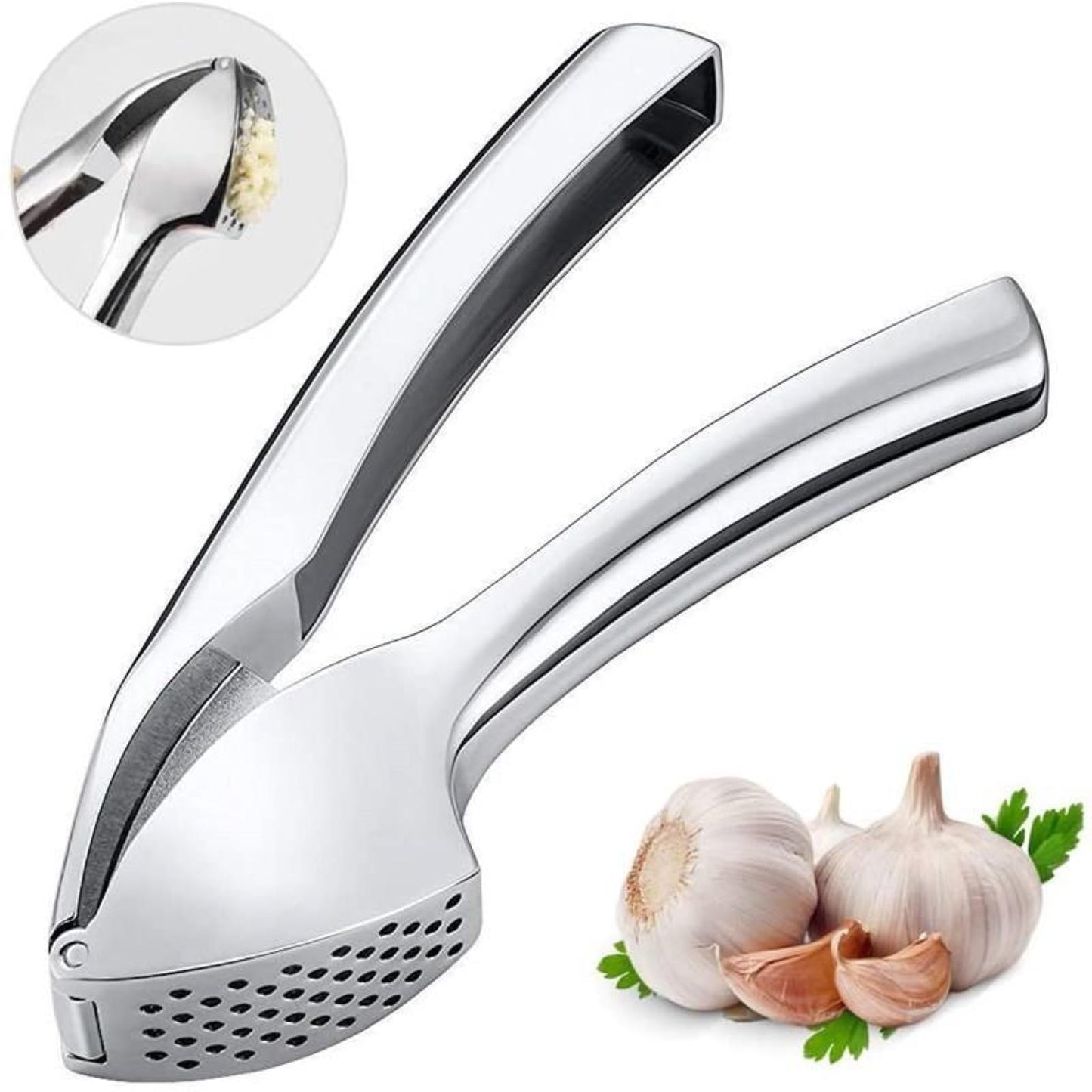 Heavy Duty Garlic Press, Zinc Alloy Garlic Crusher & Mincer, Easy Squeeze Garlic Press Tool with Ergonomic Handle, Garlic Mincer with Peeler Tube & Cleaning Brush for Kitchen Cooking